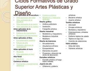 Ciclos Formativos de Grado
Superior Artes Plásticas y
DiseñoArtes aplicadas de la escultura
 Artes aplicadas del metal
 Artes aplicadas de la
escultura
 Artes aplicadas de la piedra
 Artes aplicadas de la madera
Artes aplicadas de la
indumentaria
 Estilismo de indumentaria
 Modelismo de indumentaria
Artes aplicadas al libro
 Encuadernación artística
 Edición de arte
 Grabado y técnicas de
estampación
Artes aplicadas al muro
 Mosaicos
 Artes aplicadas al muro
Arte floral
 Arte floral
Cerámica artística
 Pavimentos y revestimientos
cerámicos
 Cerámica artística
 Modelismo y matricería
cerámica
Diseño gráfico
 Gráfica publicitaria
 Ilustración
 Fotografía artística
Diseño industrial
 Modelismo y maquetismo
 Modelismo industrial
 Mobiliario
Diseño de Interiores
 Amueblamiento
 Arquitectura efímera
 Escaparatismo
 Elementos de jardín
 Proyectos y dirección de
obras de decoración
Esmaltes artísticos
 Esmalte artístico al fuego
sobre metales
Joyería de arte
 Orfebrería y platería
artísticas
 Bisutería artística
 Joyería artística
Textiles artísticos
 Arte textil
 Encajes artísticos
 Bordados y reposteros
 Estampaciones y tintados
artísticos
 Estilismo tejidos de calada
 Tejidos en bajo lizo
 Colorido de colecciones
Vidrio artístico
 Artes del vidrio
 Vidrieras artísticas
 