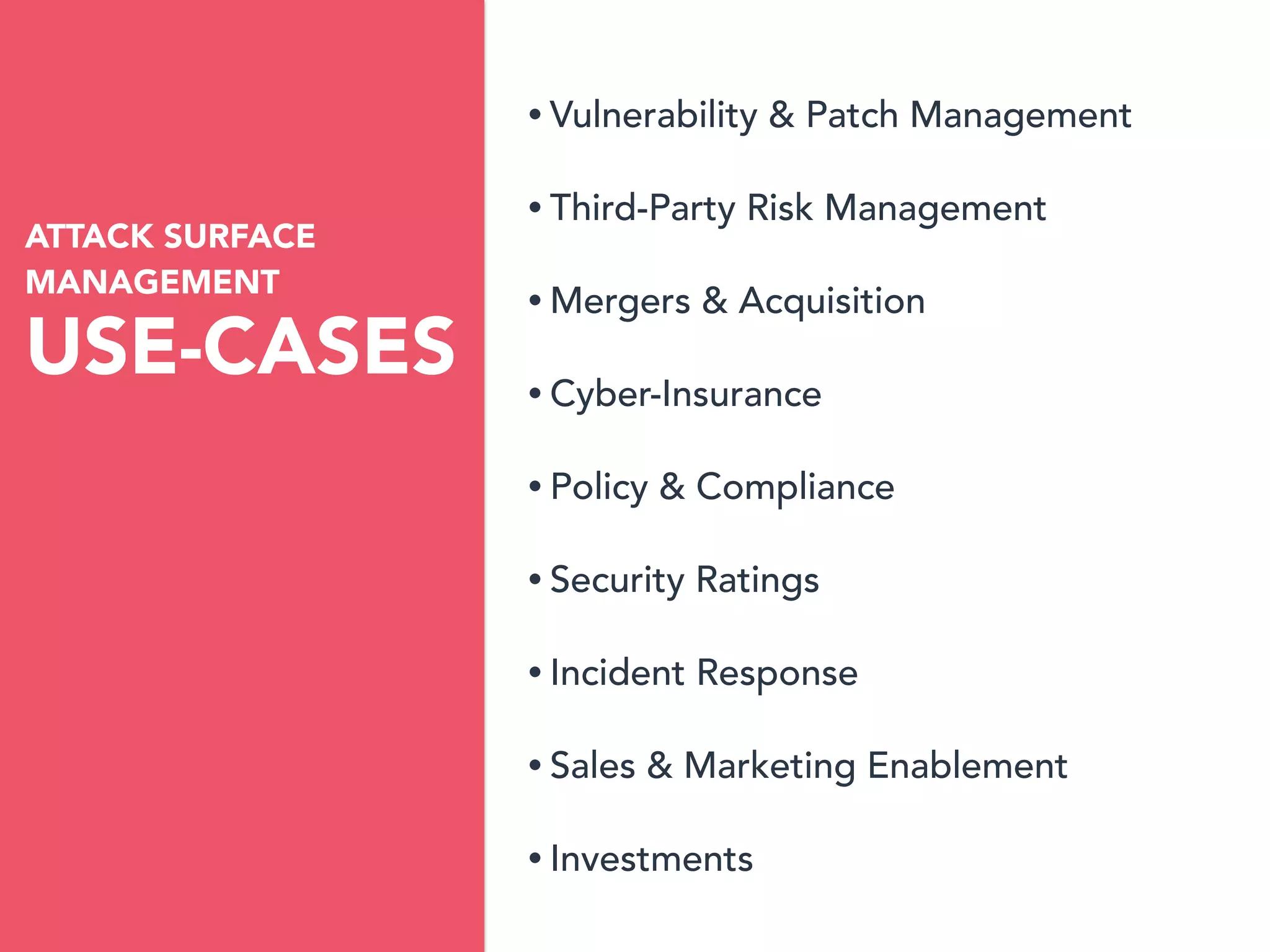 Bit Discovery 2020
USE-CASES
ATTACK SURFACE


MANAGEMENT
• Vulnerability & Patch Management


• Third-Party Risk Management


• Mergers & Acquisition


• Cyber-Insurance


• Policy & Compliance


• Security Ratings


• Incident Response


• Sales & Marketing Enablement


• Investments
 
