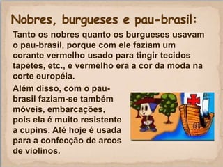 Tanto os nobres quanto os burgueses usavam
o pau-brasil, porque com ele faziam um
corante vermelho usado para tingir tecidos
tapetes, etc., e vermelho era a cor da moda na
corte européia.
Além disso, com o pau-
brasil faziam-se também
móveis, embarcações,
pois ela é muito resistente
a cupins. Até hoje é usada
para a confecção de arcos
de violinos.
 