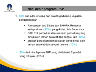 Nilai akhir program PKP

1. 50% dari nilai rencana dan praktik perbaikan kegiatan
   pengembangan :

        •   Rancangan tiap Siklus dan SKH/RK Rencana
            setiap siklus (30%), yang dinilai oleh Supervisor
        •   SKH /RK perbaikan dan skenario perbaikan yang
            dinilai oleh teman sejawat dan penguji lain (10%)
        •   praktek perbaikan pembelajaran yang dinilai oleh
            teman sejawat dan penguji lainnya (10%)

•   50% dari nilai laporan PKP yang dinilai oleh 2 penilai
    yang ditunjuk UPBJJ
 