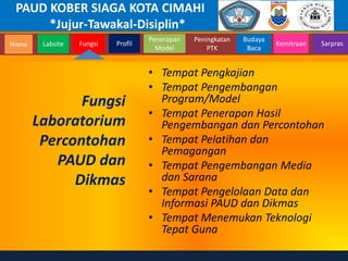 PAUD KOBER SIAGA KOTA CIMAHI
*Jujur-Tawakal-Disiplin*
Home Labsite Fungsi Profil
Peningkatan
PTK
Budaya
Baca
Penerapan
Model
Kemitraan Sarpras
Fungsi
Laboratorium
Percontohan
PAUD dan
Dikmas
• Tempat Pengkajian
• Tempat Pengembangan
Program/Model
• Tempat Penerapan Hasil
Pengembangan dan Percontohan
• Tempat Pelatihan dan
Pemagangan
• Tempat Pengembangan Media
dan Sarana
• Tempat Pengelolaan Data dan
Informasi PAUD dan Dikmas
• Tempat Menemukan Teknologi
Tepat Guna
 