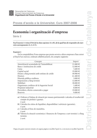 Districte Universitari de Catalunya
Proves dʼaccés a la Universitat. Curs 2007-2008


Economia i organització d’empresa
Sèrie 2

Feu l’exercici 1 i trieu UNA de les dues opcions (A o B), de la qual heu de respondre als exer-
cicis corresponents (2, 3, 4 i 5).


Exercici 1
      De la comptabilitat d’una empresa que presta serveis a altres empreses s’han extret
al final d’un exercici, ordenats alfabèticament, els comptes següents:

                             Concepte                                                              Import
       Amortització acumulada de l’immobilitzat                                                   21.000 €
       Bancs i institucions de crèdit                                                             12.000 €
       Caixa                                                                                       7.600 €
       Capital social                                                                             35.000 €
       Deutes a llarg termini amb entitats de crèdit                                              49.900 €
       Deutors                                                                                    61.400 €
       Hisenda pública creditora                                                                   3.000 €
       Imposicions a llarg termini                                                                12.000 €
       Mobiliari                                                                                  30.000 €
       Organismes creditors de la Seguretat Social                                                 1.600 €
       Propietat industrial                                                                        8.000 €
       Proveïdors, efectes comercials a pagar                                                     19.000 €
       Reserves                                                                                    9.000 €

       a) Ordeneu el balanç de situació per masses patrimonials i calculeu el resultat del
          compte de pèrdues i guanys.
            [1 punt]
       b) Calculeu les ràtios de liquiditat, disponibilitat i solvència (garantia).
            [1 punt]
       c) Calculeu el fons de maniobra.
            [1 punt]
       d) Valoreu la situació econòmica i financera de l’empresa a curt termini i a llarg
          termini.
            [1 punt]




(Vegeu els quatre exercicis restants a la segona pàgina si escolliu l’opció A, o a la tercera si escolliu l’opció B.)
 