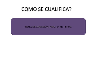 COMO SE CUALIFICA?COMO SE CUALIFICA?
NOTA DE ADMISIÓN: NMC+ a* M1 + b* M2
 