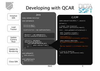 Developing with QCAR
Initialize
                                    Java
   SDK       myApp extends Activity{ 	                                         C/CPP
             void onCreate(){	                               myNativeRenderFrame(JNIEnv *, jobject){	

                                                             glClear(…);	
              Initialize_App();	
              Initialize_QCAR();                             // Render video background:    	
  Load                                                       QCAR::Renderer::getInstance().begin();	
 Tracker      mLoadTrackerTask = new LoadTrackerTask();      for(i … state.getNumActiveTrackables()) {	

                                                              QCAR::Trackable* trackable =     	
                                                              state.getActiveTrackable(i);         	
                   mRenderer = new myRenderer();	
                   mGlView.setRenderer(mRenderer);	           modelViewMatrix =            	
 Update                                                       convertPose2GLMatrix(trackable->getPose());	
 Camera            myRenderer implements                      glMatrixMode(GL_MODELVIEW);          	
  Pose             GLSurfaceView.Renderer{	                   glLoadMatrixf(modelViewMatrix.data); 	
                       void onDrawFrame(GL10 gl){	               …   	
                              myNativeRenderFrame();          … 	
                       }	                                     Add Your OpenGLES 1.1/2.0 Render Code Here 	
                   }	                                         …	
                                                             }	
Update GL    }	
Rendering                                                    // finish GL Rendering	
             void onPause(){	                                 QCAR::Renderer::getInstance().end();	

                  QCAR.onPause();                            }	
             }	

             void onDestroy(){	
                  QCAR.deinit();
Close SDK    }	
             };	

                                                      PAUG                                     9
 