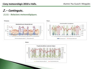 Tardor (octubre, novembre i desembre). Utilització de gràfiques. Valoració anual.	 Relacions meteorològiques: Estudi entre la relació dues variables meteorològiques 				  mitjançant gràfics.