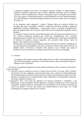 L’adequació comprén, entre altres, els següents elements d’anàlisi: la intencionalitat o
           propòsit comunicatiu relacionats amb la funció lingüística dominant, amb la modalitat
           oracional i amb la modalització; la situació comunicativa, que es correspon amb un àmbit
           d’ús i que requerix un determinat registre o varietat lingüística; així com altres peculiaritats
           de variació diatòpica i funcional que puguen aparéixer en el text; el tipus de text i el gènere
           discursiu, etc.

           En les preguntes sobre adequació i cohesió, l’alumne haurà de començar definint els
           conceptes pels quals es pregunta i establirà a continuació una llista raonada de categories
           (gramaticals, lèxiques, tipogràfiques…) relacionades, amb la consegüent exemplificació a
           partir de fragments del text. En cap cas valdrà amb una mera enumeració telegràfica d’eixos
           elements.
           Un exemple il·lustratiu: davant una possible pregunta sobre els factors de modalització en el
           text, l’alumne començarà contestant què s’entén por “modalitzación”, per a justificar
           seguidament quins elements del text (lèxic marcat semànticament, fraseologia, procediments
           de formació de paraules, recursos tipogràfics, dixi personal, ironia, humor, canvis de
           registre...) ho tradueixen en la pràctica.
           D’altra banda, cal recordar que els diferents elements d’anàlisi de la cohesió i l’adequació no
           són necessàriament incompatibles, atés que, en la pràctica, alguns d’ells poden funcionar en
           ambdós esferes. Precisament, l’objectiu d’esta qüestió és que l’alumne siga capaç de
           justificar el seu encaixament en les categories discursives per les que se li pregunta.


       e) Literatura

           Les preguntes de literatura versaran sobre alguna de les tres obres seleccionades (temàtica,
           trets d’estil, personatges, connexions d’estes obres amb els autors, moviments literaris i/o
           èpoques en què s’inscriuen).

    Així mateix, la qualificació global de l’exercici podrà incrementar-se fins a un punt o bé disminuir-
se fins a dos punts:
    1) increment, quan la producció escrita de l’alumne siga excel·lent o bé quan valore l’eficàcia
        comunicativa del text (adequació enunciat-enunciació), quan comente la interdisciplinarietat
        del contingut (connexió del tema tractat amb altres camps), quan descobrisca alguns trets molt
        peculiars i específics del text: intertextualitat, ironia, importància de determinades estructures
        oracionals, progressió temàtica, etc.;
     2) disminució: fins a dos punts per qüestions de correcció gramatical i ortogràfica, o per
        deficiències en altres propietats textuals (adequació, coherència, cohesió). En el cas concret de
        l’ortografía, la primera errada no serà punible i es descomptarà a raó de 0,20 por cada falta que
        afecte a les grafies i 0,10 por cada accent. Este còmput afectarà a errors nous i no a faltes
        ortogràfiques que pogueren repetir-se en l’examen.




                                                   17
 