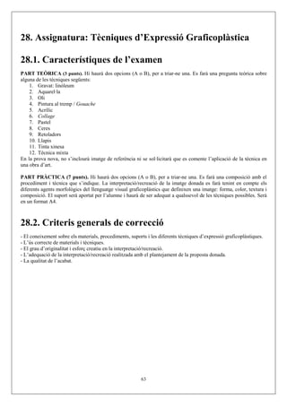 28. Assignatura: Tècniques d’Expressió Graficoplàstica

28.1. Característiques de l’examen
PART TEÒRICA (3 punts). Hi haurà dos opcions (A o B), per a triar-ne una. Es farà una pregunta teòrica sobre
alguna de les tècniques següents:
    1. Gravat: linòleum
    2. Aquarel·la
    3. Oli
    4. Pintura al tremp / Gouache
    5. Acrílic
    6. Collage
    7. Pastel
    8. Ceres
    9. Retoladors
    10. Llapis
    11. Tinta xinesa
    12. Tècnica mixta
En la prova nova, no s’inclourà imatge de referència ni se sol·licitarà que es comente l’aplicació de la tècnica en
una obra d’art.

PART PRÀCTICA (7 punts). Hi haurà dos opcions (A o B), per a triar-ne una. Es farà una composició amb el
procediment i tècnica que s’indique. La interpretació/recreació de la imatge donada es farà tenint en compte els
diferents agents morfològics del llenguatge visual graficoplástics que definixen una imatge: forma, color, textura i
composició. El suport serà aportat per l’alumne i haurà de ser adequat a qualssevol de les tècniques possibles. Serà
en un format A4.



28.2. Criteris generals de correcció
- El coneixement sobre els materials, procediments, suports i les diferents tècniques d’expressió graficoplàstiques.
- L’ús correcte de materials i tècniques.
- El grau d’originalitat i esforç creatiu en la interpretació/recreació.
- L’adequació de la interpretació/recreació realitzada amb el plantejament de la proposta donada.
- La qualitat de l’acabat.




                                                         63
 