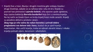 • Krpelji žive u travi, žbunju i drugim mestima gde vrebaju čoveka i
druge životinje, zakače se za njihovo telo i sišu im krv. Krpelji su
poznati kao prenosioci Lajmske bolesti, vrlo opasne upale zglobova,
koju izaziva bakterija Borrelia burdorferi koja živi u crevima krpelja.
Na taj način se čovek čijom se krvlju krpelj hrani može zaraziti. Krpelji
su posebno aktivni u proleće i jesen.
Zbog toga je vrlo važno da nakon boravka u prirodi dobro
pregledamo sve delove tela i kosu, budući da je ujed krpelja
neprimetan. Ako uočiš krpelja, treba se odmah obratiti lekaru i nikako
krpelja polivati uljem, benzinom i alkoholom.
 