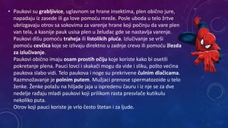• Paukovi su grabljivice, uglavnom se hrane insektima, plen obično jure,
napadaju iz zasede ili ga love pomoću mreže. Posle uboda u telo žrtve
ubrizgavaju otrov sa sokovima za varenje hrane koji počinju da vare plen
van tela, a kasnije pauk usisa plen u želudac gde se nastavlja varenje.
Paukovi dišu pomoću traheja ili listolikih pluća. Izlučivanje se vrši
pomoću cevčica koje se izlivaju direktno u zadnje crevo ili pomoću žlezda
za izlučivanje.
Paukovi obično imaju osam prostih očiju koje koriste kako bi osetili
pokretanje plena. Pauci lovci i skakači mogu da vide i sliku, pošto većina
paukova slabo vidi. Telo paukova i noge su prekrivene čulnim dlačicama.
Razmnožavanje je polnim putem. Mužjaci prenose spermatozoide u telo
ženke. Ženke polažu na hiljade jaja u ispredenu čauru i iz nje se za dve
nedelje rađaju mladi paukovi koji prilikom rasta presvlače kutikulu
nekoliko puta.
Otrov koji pauci koriste je vrlo često štetan i za ljude.
 