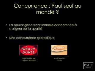 Concurrence : Paul seul au monde ? La boulangerie traditionnelle condamnée à s’aligner sur la qualité Une concurrence sporadique Concurrence sur quelques segments Concurrence locale 