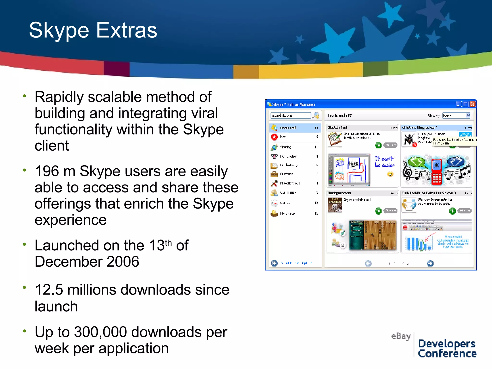 Skype Extras Rapidly scalable method of building and integrating viral functionality within the Skype client 196 m Skype users are easily able to access and share these offerings that enrich the Skype experience  Launched on the 13 th  of December 2006 12.5 millions downloads since   launch  Up to 300,000 downloads per week per application 