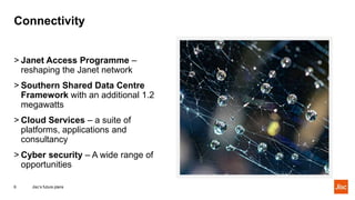 Connectivity
Jisc’s future plans6
> Janet Access Programme –
reshaping the Janet network
> Southern Shared Data Centre
Framework with an additional 1.2
megawatts
> Cloud Services – a suite of
platforms, applications and
consultancy
> Cyber security – A wide range of
opportunities
 