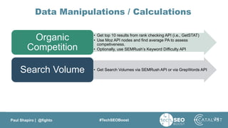 Paul Shapiro | @fighto #TechSEOBoost
Data Manipulations / Calculations
• Get top 10 results from rank checking API (i.e., GetSTAT)
• Use Moz API nodes and find average PA to assess
competiveness.
• Optionally, use SEMRush’s Keyword Difficulty API
Organic
Competition
• Get Search Volumes via SEMRush API or via GrepWords APISearch Volume
Keyword Trends
24
 