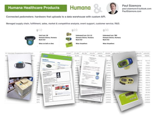 Paul Sizemore
paul.sizemore@outlook.com
PaulSizemore.com
&Humana Healthcare Products
Connected pedometers: hardware that uploads to a data warehouse with custom API.
Managed supply chain, fulﬁllment, sales, market & competitive analysis, event support, customer service, R&D.
 