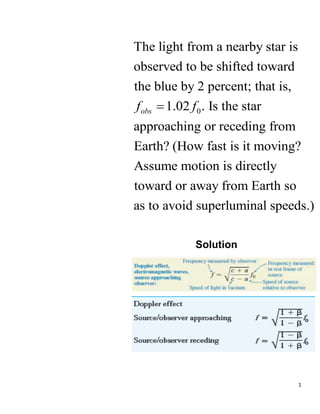 1
0
The light from a nearby star is
observed to be shifted toward
the blue by 2 percent; that is,
1.02 . Is the star
approaching or receding from
Earth? (How fast is it moving?
Assume motion is directly
obs
f f

toward or away from Earth so
as to avoid superluminal speeds.)
Solution
 