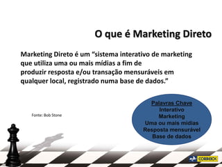 O que é Marketing Direto
Marketing Direto é um “sistema interativo de marketing
que utiliza uma ou mais mídias a fim de
produzir resposta e/ou transação mensuráveis em
qualquer local, registrado numa base de dados.”

                                        Palavras Chave
                                           Interativo
   Fonte: Bob Stone                        Marketing
                                      Uma ou mais mídias
                                      Resposta mensurável
                                         Base de dados
 