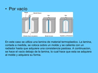 Por vacío En este caso se utiliza una lamina de material termoplastico. La lamina, cortada a medida, se coloca sobre un molde y se calienta con un radiador hasta que adquiere una consistencia pastosa. A continuacion, se hace el vacio debajo de la lamina, lo cual hace que esta se adquiera al molde y adquiera su forma. 