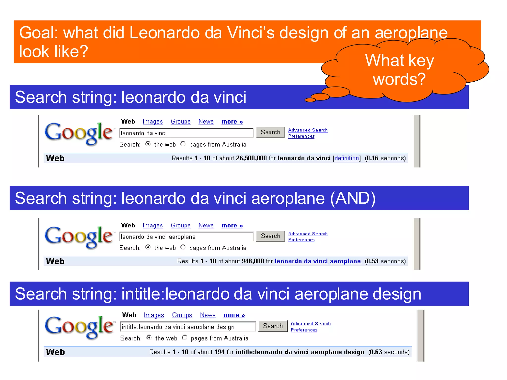 Search string: leonardo da vinci Goal: what did Leonardo da Vinci’s design of an aeroplane look like? Search string: leonardo da vinci aeroplane (AND) Search string: intitle:leonardo da vinci aeroplane design What key words? 