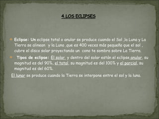 Eclipse: Un  eclipse total o anular se produce cuando el Sol ,la Luna y La Tierra se alinean  y la Luna ,que es 400 veces más pequeña que el sol , cubre el disco solar proyectando un  cono te sombra sobre La Tierra. Tipos de eclipse:  El solar  y dentro del solar están el eclipse  anular , su magnitud es del 90%,  el total , su magnitud es del 100% y  el parcial , su magnitud es del 60%. El lunar  se produce cuando la Tierra se interpone entre el sol y la luna. 