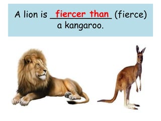 A lion is ___________ (fierce)
a kangaroo.
fiercer than
 