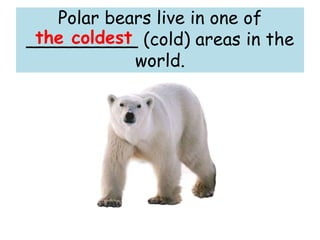 Polar bears live in one of
__________ (cold) areas in the
world.
the coldest
 