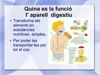Quina es la funció
          l' aparell digestiu
●   Transforma els
    aliments en
    substàncies
    nutritives simples.
●   Per poder les
    transportar-les per
    tot el cos.
 
