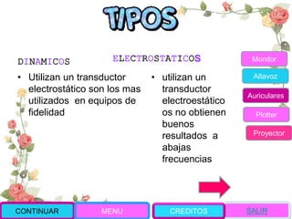 DINAMICOS
• Utilizan un transductor
electrostático son los mas
utilizados en equipos de
fidelidad
ELECTROSTATICOS
• utilizan un
transductor
electroestático
os no obtienen
buenos
resultados a
abajas
frecuencias
Monitor
Altavoz
Auriculares
Plotter
Proyector
CONTINUAR MENU SALIRCREDITOS
 