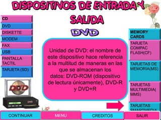 MEMORY
CARDS
TARJETA
COMPAC
FLASH(CF)
TARJETAS DE
MEMORIA(MS)
TARJETAS
MULTIMEDIA(
MMS)
TARJETAS
SMARTMEDIA
(SM)
Unidad de DVD: el nombre de
este dispositivo hace referencia
a la multitud de maneras en las
que se almacenan los
datos: DVD-ROM (dispositivo
de lectura únicamente), DVD-R
y DVD+R
CONTINUAR MENU SALIR
CD
DVD
DISKETTE
MODEM
FAX
USB
PANTALLA
TACTIL
TARJETA (SD)
CREDITOS
 