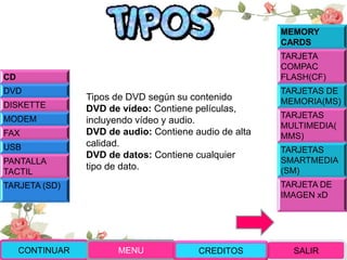Tipos de DVD según su contenido
DVD de vídeo: Contiene películas,
incluyendo vídeo y audio.
DVD de audio: Contiene audio de alta
calidad.
DVD de datos: Contiene cualquier
tipo de dato.
CD
DVD
DISKETTE
MODEM
FAX
USB
PANTALLA
TACTIL
TARJETA (SD)
MEMORY
CARDS
TARJETA
COMPAC
FLASH(CF)
TARJETAS DE
MEMORIA(MS)
TARJETAS
MULTIMEDIA(
MMS)
TARJETAS
SMARTMEDIA
(SM)
TARJETA DE
IMAGEN xD
CONTINUAR MENU SALIRCREDITOS
 
