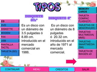 DISQUETE
3½"
Es un disco con
un diámetro de
3.5 pulgadas ó
8.89 cm.
introducido en el
mercado
comercial en
1986.
DISQUETE 8"
Es un disco con
un diámetro de 8
pulgadas
ó 20.32 cm.
introducido en el
año de 1971 al
mercado
comercial.
CD
DVD
DISKETTE
MODEM
FAX
USB
PANTALLA
TACTIL
TARJETA (SD)
MEMORY
CARDS
TARJETA
COMPAC
FLASH(CF)
TARJETAS DE
MEMORIA(MS)
TARJETAS
MULTIMEDIA(
MMS)
TARJETAS
SMARTMEDIA
(SM)
TARJETA DE
IMAGEN xD
CONTINUAR MENU SALIRCREDITOS
 