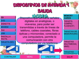 MEMORY
CARDS
TARJETA
COMPAC
FLASH(CF)
TARJETAS DE
MEMORIA(MS)
TARJETAS
MULTIMEDIA(
MMS)
TARJETAS
SMARTMEDIA
(SM)
Dispositivo que convierte señales
digitales en analógicas, o
viceversa, para poder ser
transmitidas a través de líneas de
teléfono, cables coaxiales, fibras
ópticas y microondas; conectado a
una computadora, permite la
comunicación con otra
computadora por vía telefónica
CONTINUAR MENU SALIR
CD
DVD
DISKETTE
MODEM
FAX
USB
PANTALLA
TACTIL
TARJETA (SD)
CREDITOS
 