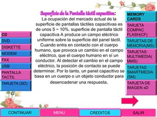 Superficiede la Pantalla táctil capacitiva:
La ocupación del mercado actual de la
superficie de pantallas táctiles capacitivas es
de unos 5 ~ 10%. superficie de pantalla táctil
capacitiva A produce un campo eléctrico
uniforme sobre la superficie del panel táctil.
Cuando entra en contacto con el cuerpo
humano, que provoca un cambio en el campo
eléctrico, que el cuerpo humano en sí un
conductor. Al detectar el cambio en el campo
eléctrico, la posición de contacto se puede
determinar. Por lo tanto, un panel capacitivo se
basa en un cuerpo o un objeto conductor para
desencadenar una respuesta.
CONTINUAR MENU SALIRCREDITOS
CD
DVD
DISKETTE
MODEM
FAX
USB
PANTALLA
TACTIL
TARJETA (SD)
MEMORY
CARDS
TARJETA
COMPAC
FLASH(CF)
TARJETAS DE
MEMORIA(MS)
TARJETAS
MULTIMEDIA(
MMS)
TARJETAS
SMARTMEDIA
(SM)
TARJETA DE
IMAGEN xD
 