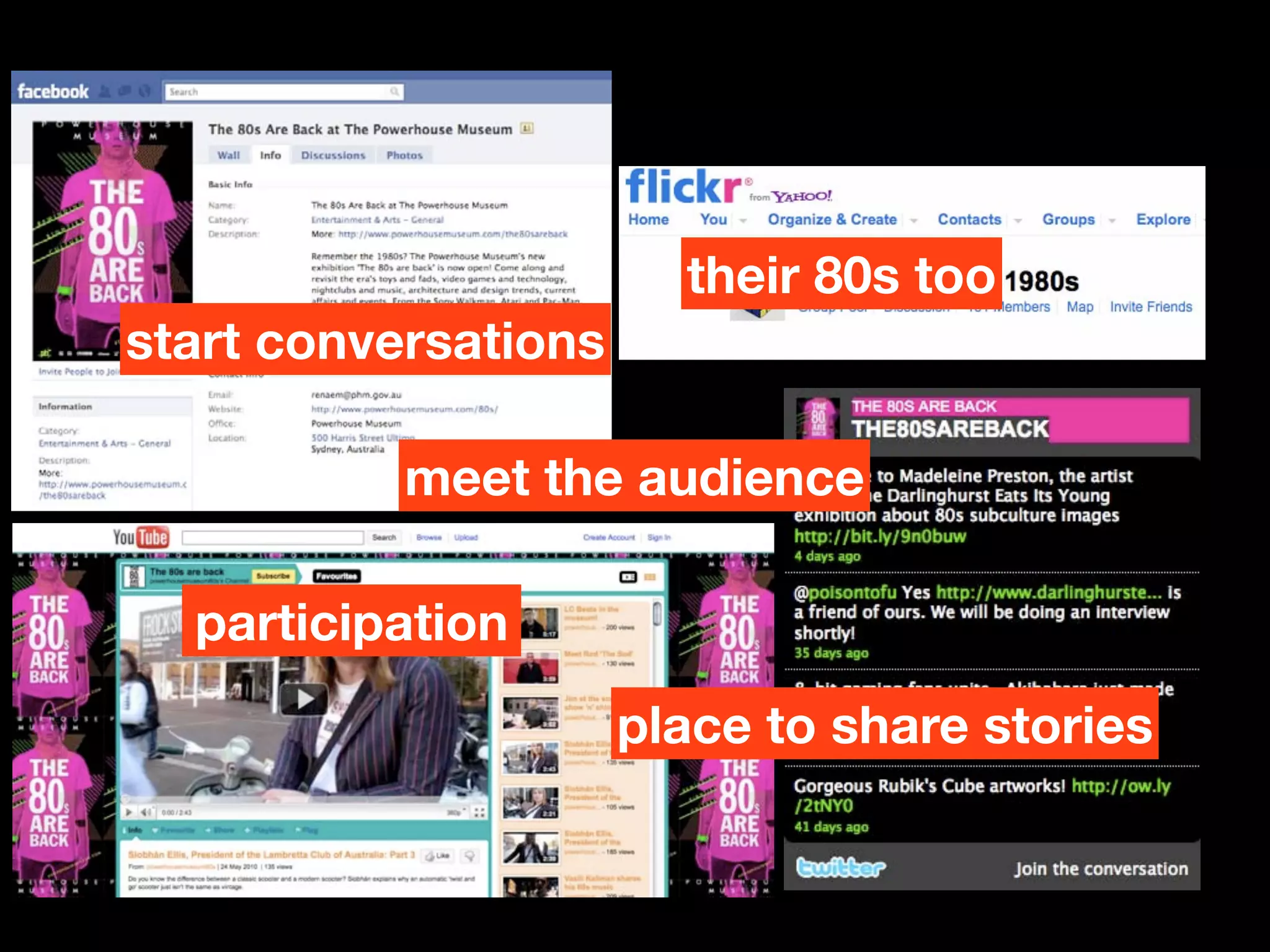 their 80s too
start conversations

           meet the audience

  participation
                      place to share stories
 