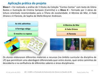 11
As três adivinhas
A formiga rabiga
O mocho e a raposa
A Menina do Mar
A Fada Oriana
A Floresta
Aplicação prática do projeto
Os alunos elaboraram diferentes materiais e recursos (no âmbito curricular da disciplina de
LP) que permitiram uma abordagem diferenciada quer entre alunos, quer entre caminhos de
descoberta e na confluência de diferentes saberes e áreas disciplinares.
Bloco I – Foi realizada a análise de 3 títulos da Coleção “Contos Contas” com texto de Glória
Bastos e ilustração de Cristina Sampaio (Caminho) e o Bloco II – formado por 3 obras de
leitura orientada recomendadas para o 5ºano de escolaridade: A Menina do Mar, A Fada
Oriana e A Floresta, de Sophia de Mello Breyner Andresen.
JIO - A ABR e a Promoção da Autonomia dos Alunos no Quadro da BE. Paula Coelho Pais4-5 de junho de 2015
 
