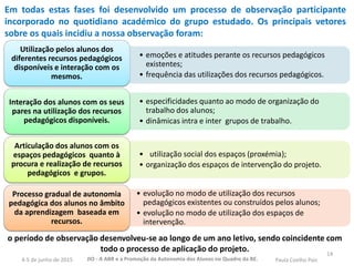 14
Em todas estas fases foi desenvolvido um processo de observação participante
incorporado no quotidiano académico do grupo estudado. Os principais vetores
sobre os quais incidiu a nossa observação foram:
• emoções e atitudes perante os recursos pedagógicos
existentes;
• frequência das utilizações dos recursos pedagógicos.
Utilização pelos alunos dos
diferentes recursos pedagógicos
disponíveis e interação com os
mesmos.
• especificidades quanto ao modo de organização do
trabalho dos alunos;
• dinâmicas intra e inter grupos de trabalho.
Interação dos alunos com os seus
pares na utilização dos recursos
pedagógicos disponíveis.
• utilização social dos espaços (proxémia);
• organização dos espaços de intervenção do projeto.
Articulação dos alunos com os
espaços pedagógicos quanto à
procura e realização de recursos
pedagógicos e grupos.
• evolução no modo de utilização dos recursos
pedagógicos existentes ou construídos pelos alunos;
• evolução no modo de utilização dos espaços de
intervenção.
Processo gradual de autonomia
pedagógica dos alunos no âmbito
da aprendizagem baseada em
recursos.
o período de observação desenvolveu-se ao longo de um ano letivo, sendo coincidente com
todo o processo de aplicação do projeto.
JIO - A ABR e a Promoção da Autonomia dos Alunos no Quadro da BE. Paula Coelho Pais4-5 de junho de 2015
 