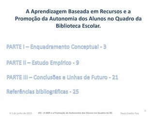 2
A Aprendizagem Baseada em Recursos e a
Promoção da Autonomia dos Alunos no Quadro da
Biblioteca Escolar.
JIO - A ABR e a Promoção da Autonomia dos Alunos no Quadro da BE. Paula Coelho Pais4-5 de junho de 2015
 