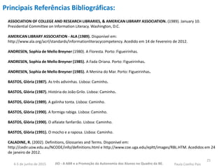 25
Principais Referências Bibliográficas:
ASSOCIATION OF COLLEGE AND RESEARCH LIBRARIES, & AMERICAN LIBRARY ASSOCIATION. (1989). January 10.
Presidential Committee on Information Literacy. Washington, D.C.
AMERICAN LIBRARY ASSOCIATION - ALA (1989). Disponível em:
http://www.ala.org/acrl/standards/informationliteracycompetency. Acedido em 14 de Fevereiro de 2012.
ANDRESEN, Sophia de Mello Breyner (1980). A Floresta. Porto: Figueirinhas.
ANDRESEN, Sophia de Mello Breyner (1985). A Fada Oriana. Porto: Figueirinhas.
ANDRESEN, Sophia de Mello Breyner (1985). A Menina do Mar. Porto: Figueirinhas.
BASTOS, Glória (1987). As três adivinhas. Lisboa: Caminho.
BASTOS, Glória (1987). História do João Grilo. Lisboa: Caminho.
BASTOS, Glória (1989). A galinha tonta. Lisboa: Caminho.
BASTOS, Glória (1990). A formiga rabiga. Lisboa: Caminho.
BASTOS, Glória (1990). O alfaiate fanfarrão. Lisboa: Caminho.
BASTOS, Glória (1991). O mocho e a raposa. Lisboa: Caminho.
CALADINE, R. (2002). Definitions, Glossaries and Terms. Disponível em:
http://cedir.uow.edu.au/NCODE/info/definitions.html e http://www.coe.uga.edu/epltt/images/RBL.HTM. Acedidos em 24
de janeiro de 2012.
JIO - A ABR e a Promoção da Autonomia dos Alunos no Quadro da BE. Paula Coelho Pais4-5 de junho de 2015
 