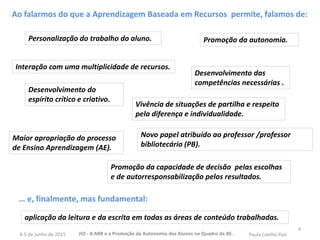 … e, finalmente, mas fundamental:
Ao falarmos do que a Aprendizagem Baseada em Recursos permite, falamos de:
4
Personalização do trabalho do aluno. Promoção da autonomia.
Interação com uma multiplicidade de recursos.
Desenvolvimento das
competências necessárias .
Desenvolvimento do
espírito crítico e criativo.
Vivência de situações de partilha e respeito
pela diferença e individualidade.
Maior apropriação do processo
de Ensino Aprendizagem (AE).
Promoção da capacidade de decisão pelas escolhas
e de autorresponsabilização pelos resultados.
Novo papel atribuído ao professor /professor
bibliotecário (PB).
aplicação da leitura e da escrita em todas as áreas de conteúdo trabalhadas.
JIO - A ABR e a Promoção da Autonomia dos Alunos no Quadro da BE. Paula Coelho Pais4-5 de junho de 2015
 