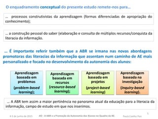 … processos construtivistas da aprendizagem (formas diferenciadas de apropriação do
conhecimento);
5
Aprendizagem
baseada em
problemas
(problem-based
learning);
Aprendizagem
baseada em
recursos
(resource-based
learning);
Aprendizagem
baseada em
projetos
(project-based
learning)
Aprendizagem
baseada na
investigação
(inquiry-based
learning).
… É importante referir também que a ABR se irmana nas novas abordagens
promotoras das literacias da informação que assentam num caminho de AE mais
personalizado e focado no desenvolvimento da autonomia dos alunos:
… A ABR tem assim a maior pertinência no panorama atual da educação para a literacia da
informação, campo de estudo em que nos inserimos.
O enquadramento conceptual do presente estudo remete-nos para…
… a construção pessoal do saber (elaboração e consulta de múltiplos recursos/conquista da
literacia da informação.
JIO - A ABR e a Promoção da Autonomia dos Alunos no Quadro da BE. Paula Coelho Pais4-5 de junho de 2015
 