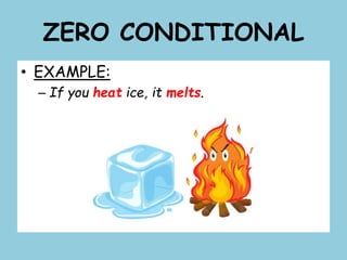 ZERO CONDITIONAL
• EXAMPLE:
– If you heat ice, it melts.
 
