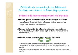 O Modelo de autoO Modelo de auto--avaliação das Bibliotecasavaliação das Bibliotecas
Escolares no contexto da Escola /AgrupamentoEscolares no contexto da Escola /Agrupamento
Processo de implementação-fases do processo
A fase de gestão e interpretação da informação recolhida-
Identificação de pontos fortes e fracos e posicionamento nos
respectivos níveis de desempenho
A fase de elaboração do relatório- discutido e aprovado em
Conselho Pedagógico, bem como o plano de melhoria que vier a
ser delineado.
A fase de gestão dos resultados ao nível da escola
A avaliação da BE deve estabelecer ligações com a avaliação da escola.
Uma síntese do relatório de avaliação da BE virá a integrar o relatório da
escola.
A avaliação externa da escola pela IGE poderá avaliar o impacto da BE na
escola 17
 