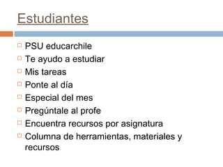 Estudiantes
   PSU educarchile
   Te ayudo a estudiar
   Mis tareas
   Ponte al día
   Especial del mes
   Pregúntale al profe
   Encuentra recursos por asignatura
   Columna de herramientas, materiales y
    recursos
 