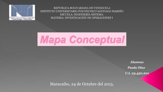 REPUBLICA BOLIVARIANA DE VENEZUELA
INSTITUTO UNIVERSITARIO POLITECNICO SANTIAGO MARIÑO
ESCUELA: INGENIERÍA SISTEMA.
MATERIA: INVESTIGACIÓN DE OPERACIONES I
Mapa Conceptual
Alumna:
Paula Diaz
C.I. 23,450,201
Maracaibo, 24 de Octubre del 2015.
 