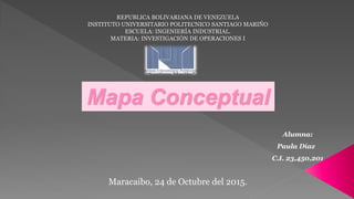 REPUBLICA BOLIVARIANA DE VENEZUELA
INSTITUTO UNIVERSITARIO POLITECNICO SANTIAGO MARIÑO
ESCUELA: INGENIERÍA INDUSTRIAL.
MATERIA: INVESTIGACIÓN DE OPERACIONES I
Mapa Conceptual
Alumna:
Paula Díaz
C.I. 23,450,201
Maracaibo, 24 de Octubre del 2015.
 