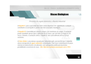 NR-33 - PAULA SCARDINO & ROBERTO ZAGO



                                                      Riscos Biológicos

                   Presença de esgoto doméstico, efluente industrial

A Hepatite E, para a qual ainda não existe vacina disponível, tem transmissão e evolução
semelhantes às da hepatite A, porém está mais associada a inundações.

A Hepatite B é transmitida por relações sexuais e por transfusões de sangue. A vacinação
produz imunidade apenas após a aplicação de três doses, que são feitas ao longo de seis
meses. Portanto, a vacinação contra a hepatite B não é procedimento útil em caso de
enchentes.
                                                                                           55

A Febre tifóide é uma doença causada pela Salmonella typhi, uma bactéria que é adquirida
através da ingestão de água e alimentos contaminados. Pode haver contaminação de poços,
sistemas de abstecimento e de alimentos, com subsequente proliferação bacteriana
possibilitando a ocorrência de casos. Obs: Não tem nenhuma associação com o TIFO.
 
