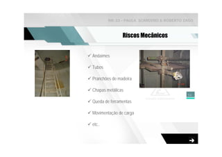 NR-33 - PAULA SCARDINO & ROBERTO ZAGO



               Riscos Mecânicos


Andaimes

Tubos

Pranchões de madeira

Chapas metálicas
                                          58

Queda de ferramentas

Movimentação de carga

etc..
 