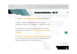 NR-33 - PAULA SCARDINO & ROBERTO ZAGO



                                Responsabilidades - NR-33

  Garantir a capacitação continuada dos trabalhadores;

  Manter cadastro atualizado de todos os espaços
confinados, inclusive os desativados, e respectivos riscos;

  Garantir que o acesso ao espaço confinado somente
ocorra após a emissão da PET – Permissão de Entrada e
Trabalho;                                                              6


   Fornecer às empresas contratadas informações sobre
os riscos nas áreas onde desenvolverão suas atividades e
exigir a capacitação de seus trabalhadores;
 