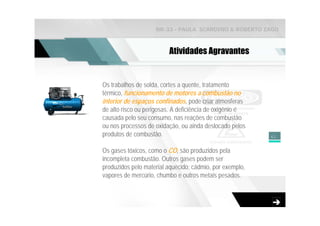 NR-33 - PAULA SCARDINO & ROBERTO ZAGO



                         Atividades Agravantes


Os trabalhos de solda, cortes a quente, tratamento
térmico, funcionamento de motores a combustão no
interior de espaços confinados, pode criar atmosferas
de alto risco ou perigosas. A deficiência de oxigênio é
causada pelo seu consumo, nas reações de combustão
ou nos processos de oxidação, ou ainda deslocado pelos
produtos de combustão.                                    61


Os gases tóxicos, como o CO, são produzidos pela
incompleta combustão. Outros gases podem ser
produzidos pelo material aquecido; cádmio, por exemplo,
vapores de mercúrio, chumbo e outros metais pesados.
 