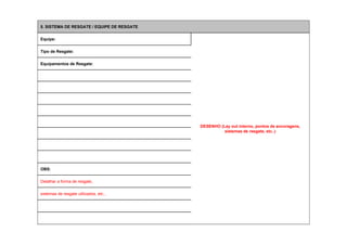 5. SISTEMA DE RESGATE / EQUIPE DE RESGATE
                                            NR-33 - PAULA SCARDINO & ROBERTO ZAGO
Equipe:

Tipo de Resgate:

Equipamentos de Resgate:




                                                    DESENHO (Lay out interno, pontos de ancoragens,
                                                              sistemas de resgate, etc..)




OBS:

Detalhar a forma de resgate,

sistemas de resgate utilizados, etc...
 