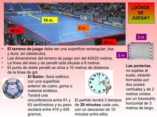 ¿DÓNDE 
SE 
JUEGA? 
40 m. 
20 m. 
6 m. 
10 m. 
• El terreno de juego debe ser una superficie rectangular, lisa 
y dura, sin obstáculos. 
• Las dimensiones del terreno de juego son del 40X20 metros. 
• La línea del área y de penalti está situada a 6 metros. 
• El punto de doble penalti se sitúa a 10 metros de distancia 
de la línea de gol. 
Las porterías, 
no sujetas al 
suelo, estarán 
formadas por 
dos postes 
verticales y de 2 
metros unidos 
por un travesaño 
horizontal de 3 
metros de largo. 
2 m 
3 m 
El Balón: Será esférico 
con una superficie 
exterior de cuero, goma o 
material sintético. 
Tendrá una 
circunferencia entre 61 y 
63 centímetros y su peso 
oscilará entre 410 y 430 
gramos. 
El partido tendrá 2 tiempos 
de 20 minutos cada uno, 
con un descanso de 10 
minutos entre ellos 
 